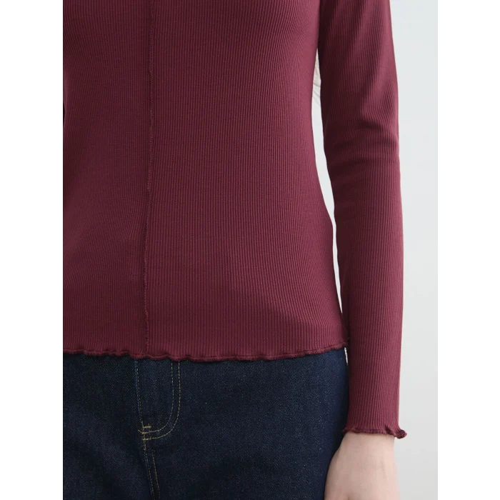 LCW Modest Bordo Fırfırlı Dik Yaka Kadın Body