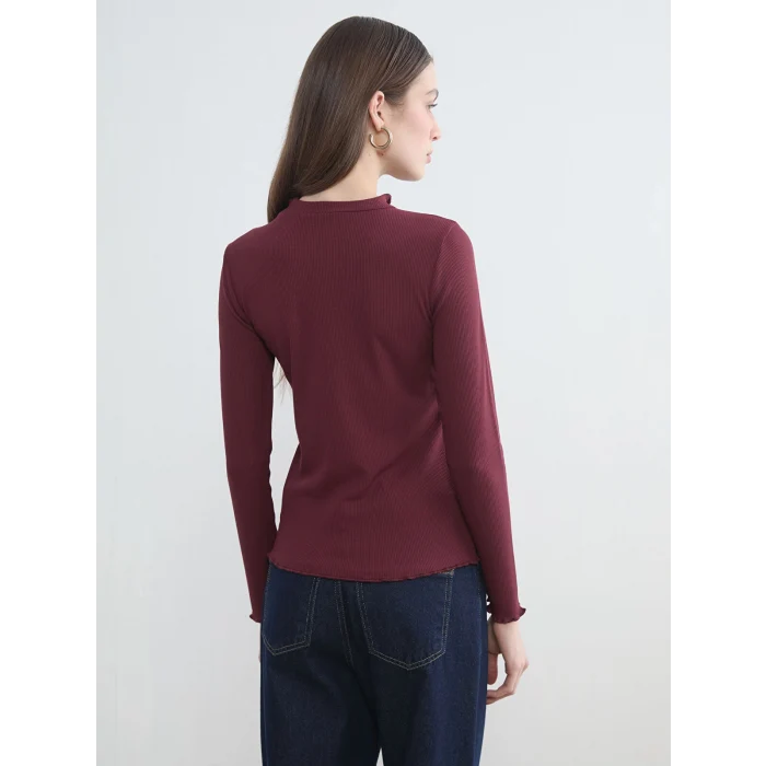 LCW Modest Bordo Fırfırlı Dik Yaka Kadın Body