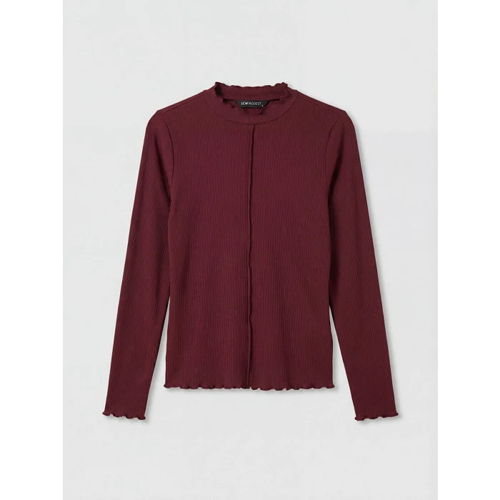 LCW Modest Bordo Fırfırlı Dik Yaka Kadın Body