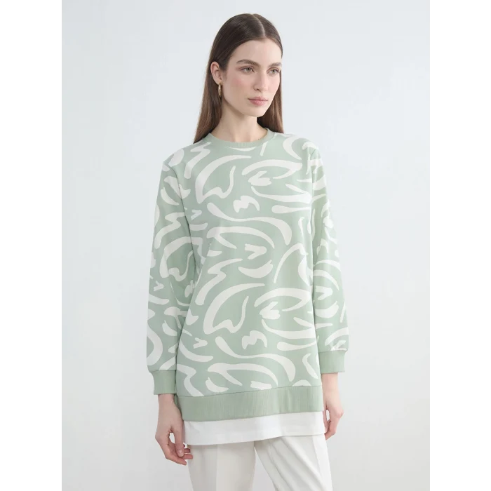 LCW Modest Yeşil Bisiklet Yaka Desenli Kadın Sweatshirt Tunik
