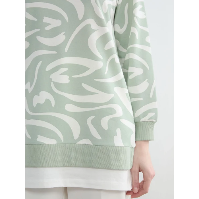 LCW Modest Yeşil Bisiklet Yaka Desenli Kadın Sweatshirt Tunik