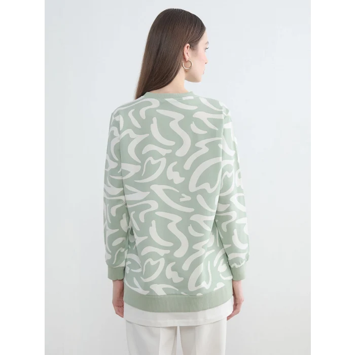 LCW Modest Yeşil Bisiklet Yaka Desenli Kadın Sweatshirt Tunik