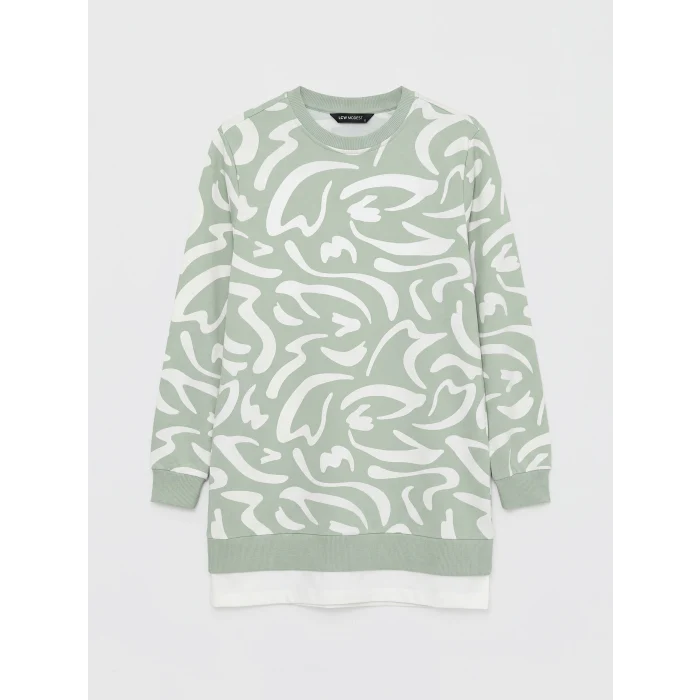 LCW Modest Yeşil Bisiklet Yaka Desenli Kadın Sweatshirt Tunik