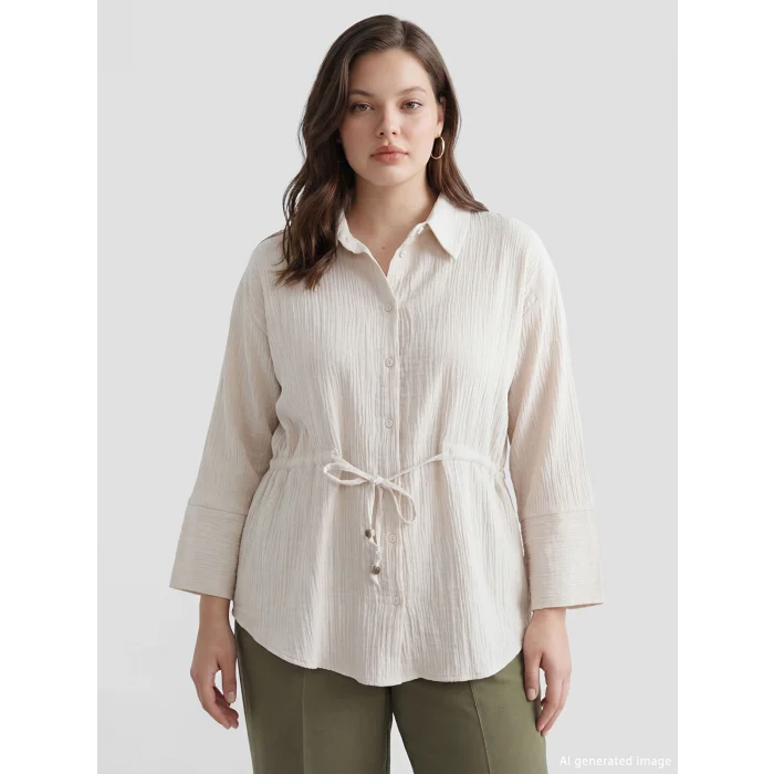 LCWAIKIKI Classic Bej Bağlamalı Dokulu Kadın Müslin Gömlek
