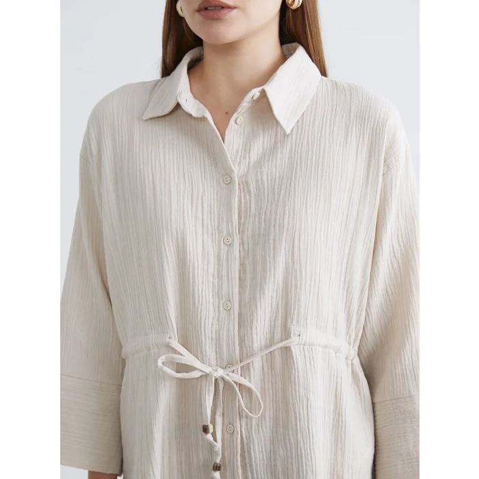 LCWAIKIKI Classic Bej Bağlamalı Dokulu Kadın Müslin Gömlek