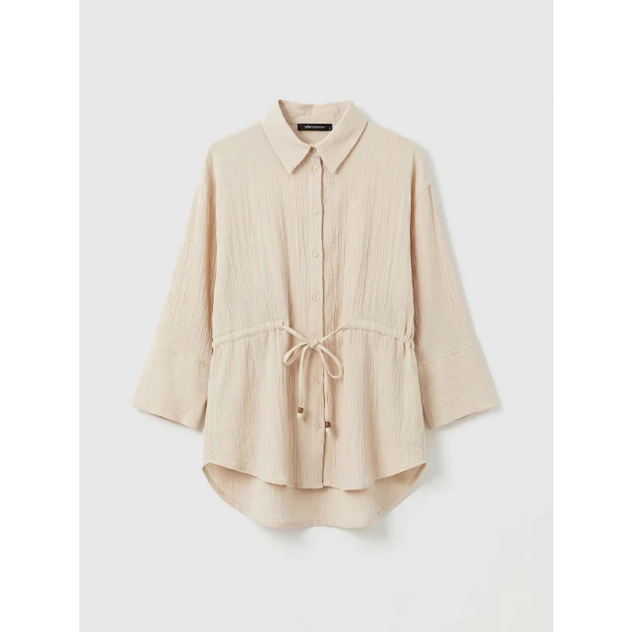 LCWAIKIKI Classic Bej Bağlamalı Dokulu Kadın Müslin Gömlek
