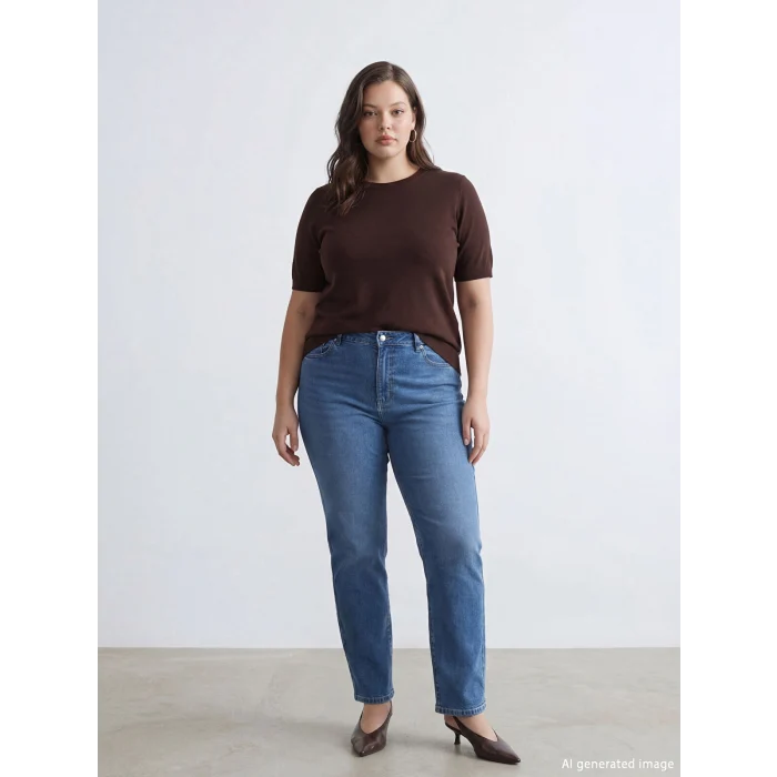 LCWAIKIKI Classic İndigo Beli Lastikli Slim Mom Kadın Jean Pantolon