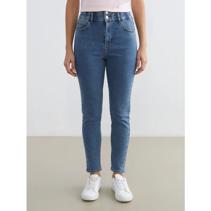 LCWAIKIKI Classic İndigo Yüksek Bel Slim Mom Kadın Jean Pantolon