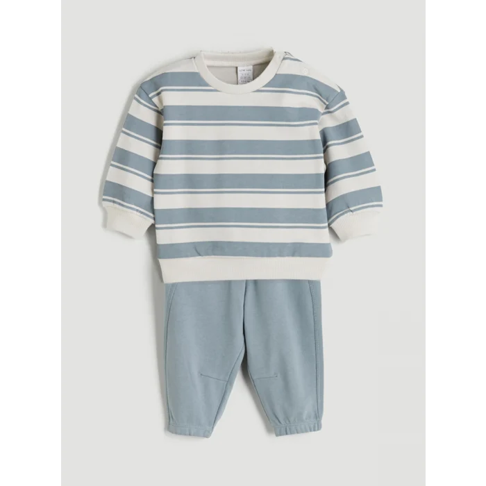 LCW baby Bej Bisiklet Yaka Çizgili Erkek Bebek Sweatshirt ve Eşofman Alt