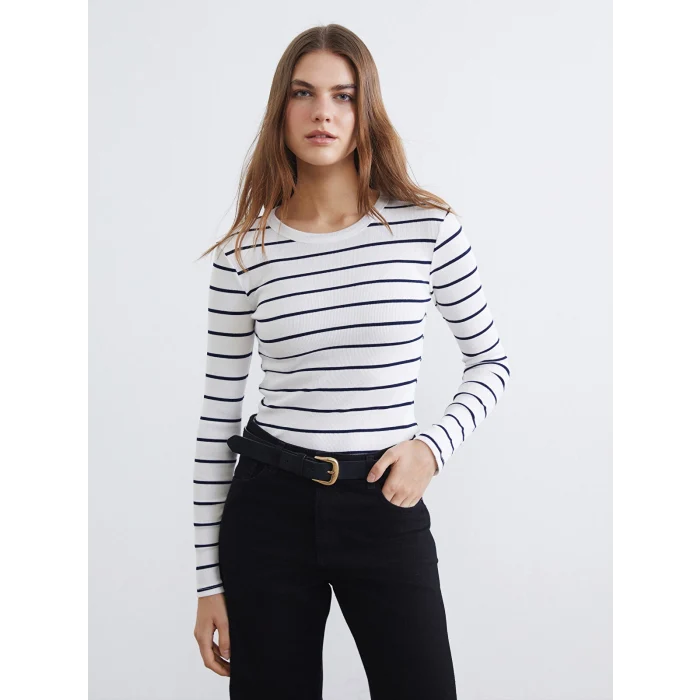 LCWAIKIKI Basic Lacivert Bisiklet Yaka Çizgili Kadın Body