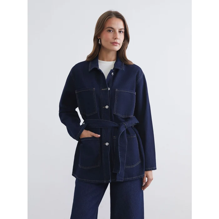 LCWAIKIKI Classic İndigo Gömlek Yaka Beli Kuşaklı Kadın Jean Ceket