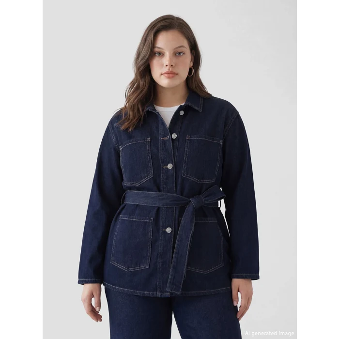 LCWAIKIKI Classic İndigo Gömlek Yaka Beli Kuşaklı Kadın Jean Ceket