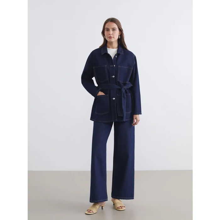 LCWAIKIKI Classic İndigo Gömlek Yaka Beli Kuşaklı Kadın Jean Ceket