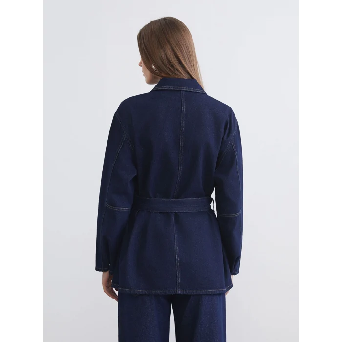 LCWAIKIKI Classic İndigo Gömlek Yaka Beli Kuşaklı Kadın Jean Ceket