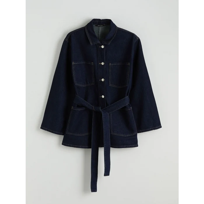 LCWAIKIKI Classic İndigo Gömlek Yaka Beli Kuşaklı Kadın Jean Ceket