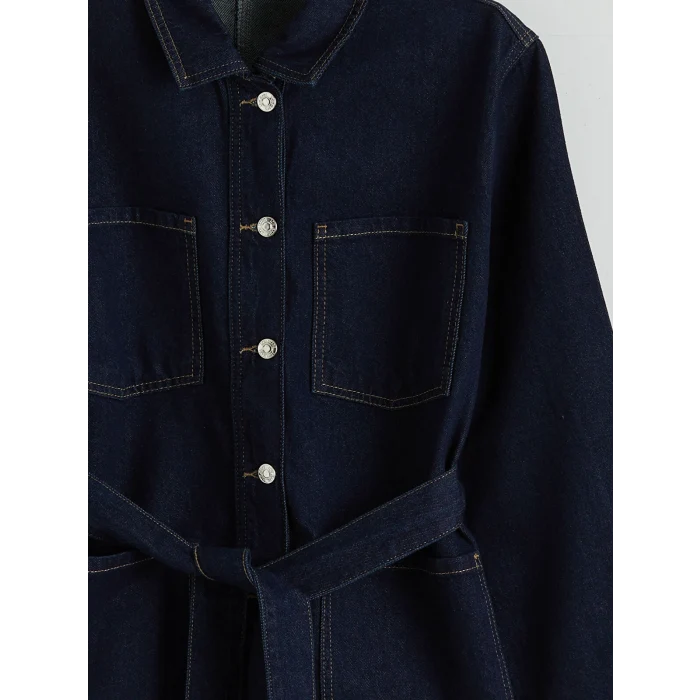 LCWAIKIKI Classic İndigo Gömlek Yaka Beli Kuşaklı Kadın Jean Ceket