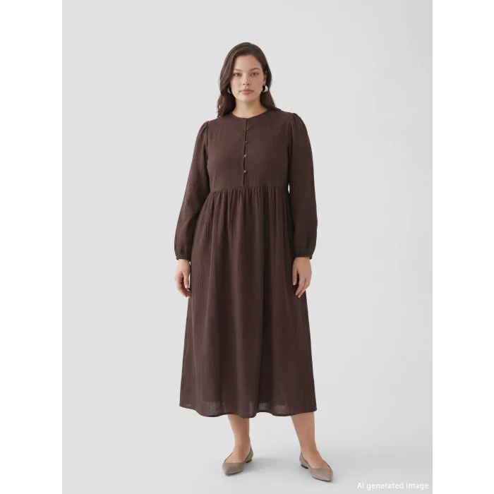 LCW Modest Kahverengi Bisiklet Yaka Balon Kollu Müslin Elbise