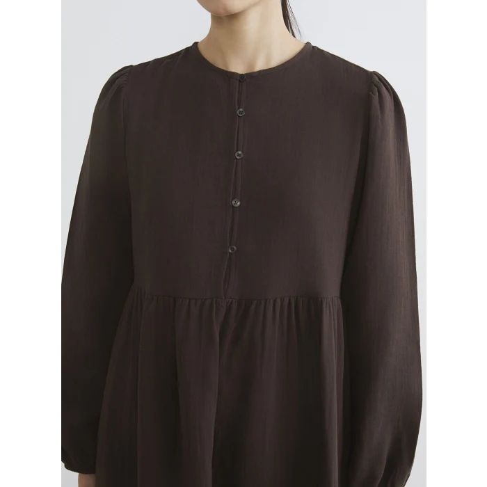 LCW Modest Kahverengi Bisiklet Yaka Balon Kollu Müslin Elbise