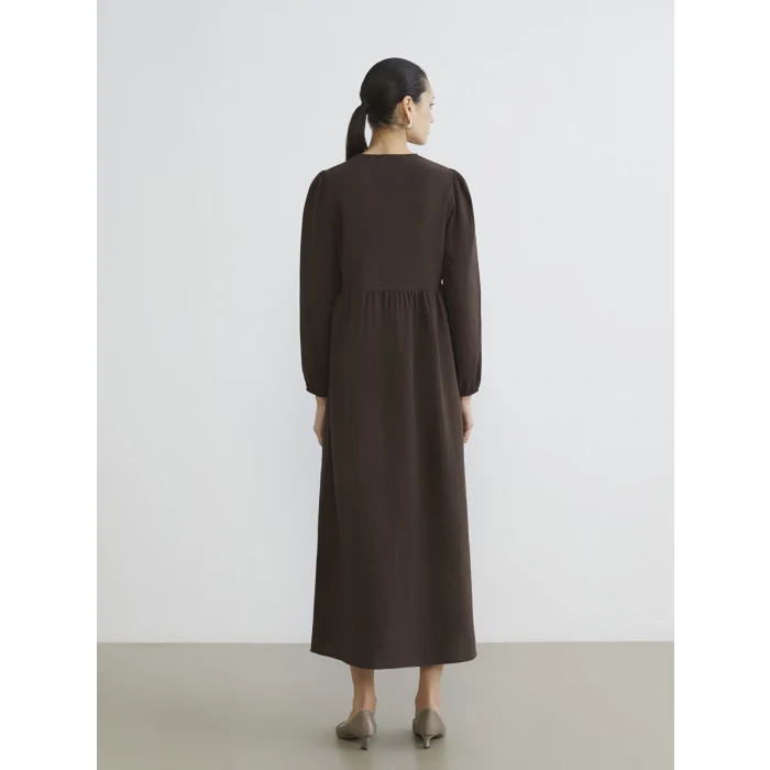 LCW Modest Kahverengi Bisiklet Yaka Balon Kollu Müslin Elbise