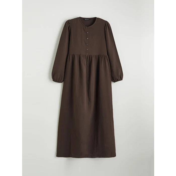 LCW Modest Kahverengi Bisiklet Yaka Balon Kollu Müslin Elbise