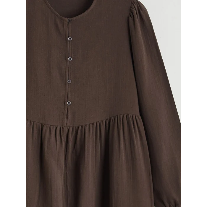 LCW Modest Kahverengi Bisiklet Yaka Balon Kollu Müslin Elbise