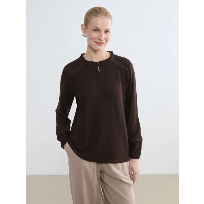 LCW Grace Kahverengi Fırfırlı Bisiklet Yaka Nakışlı Bluz