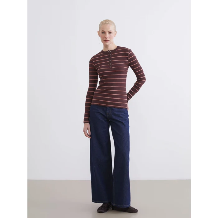 LCWAIKIKI Classic Kahverengi Bisiklet Yaka Çizgili Kadın Body