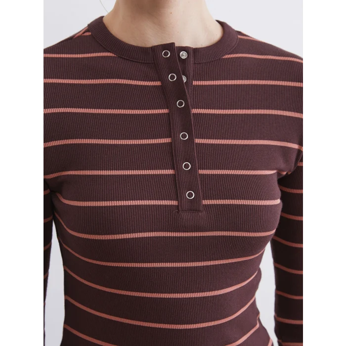 LCWAIKIKI Classic Kahverengi Bisiklet Yaka Çizgili Kadın Body