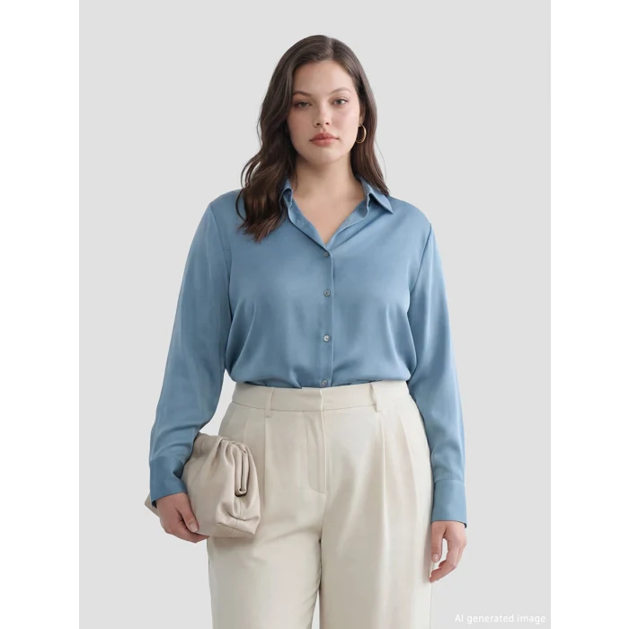 LCWAIKIKI Classic Petrol Saten Kadın Gömlek