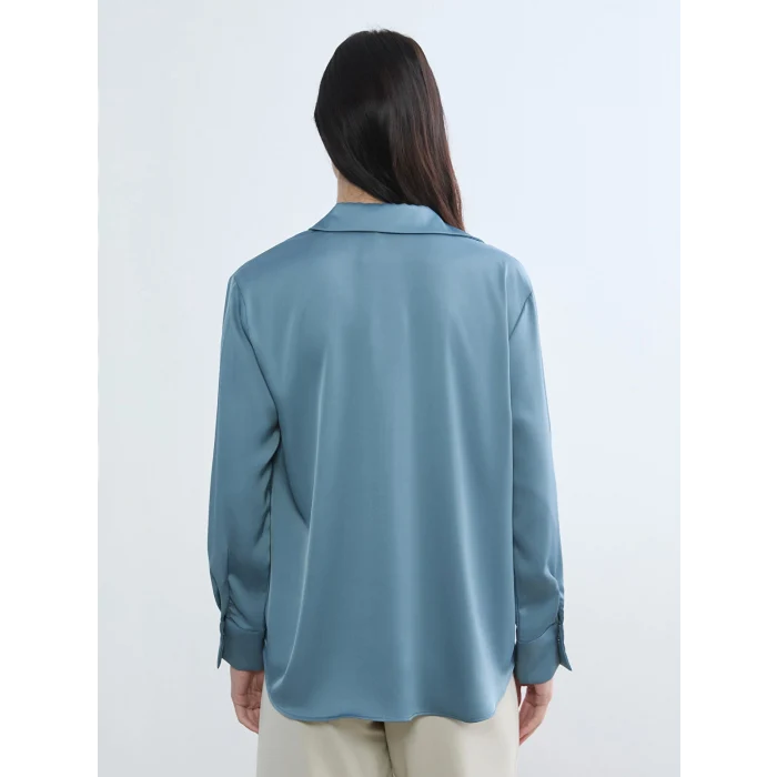 LCWAIKIKI Classic Petrol Saten Kadın Gömlek