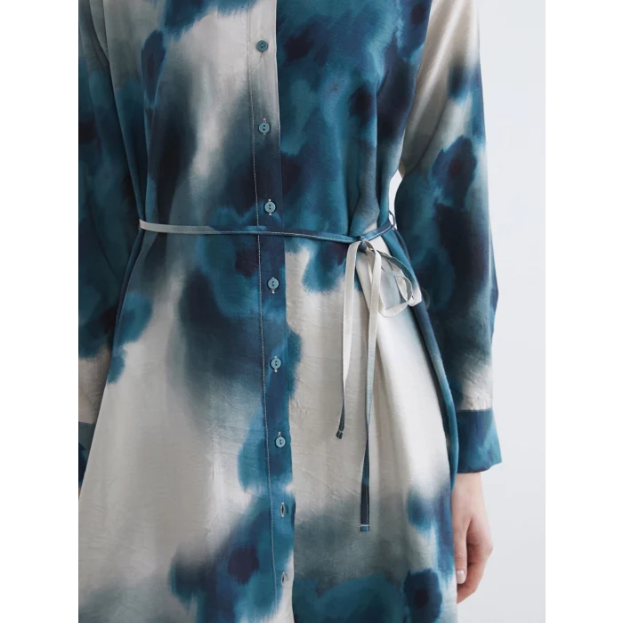 LCWAIKIKI Classic Yeşil Desenli Kuşaklı Kadın Gömlek Tunik