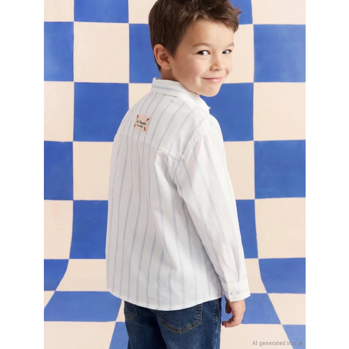 LCW Kids Ekru Uzun Kollu Çizgili Erkek Çocuk Gömlek