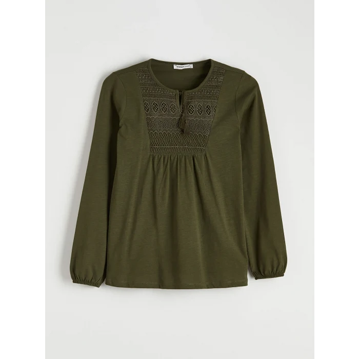 LCW Grace Yeşil Bağlamalı Yaka Nakışlı Bluz
