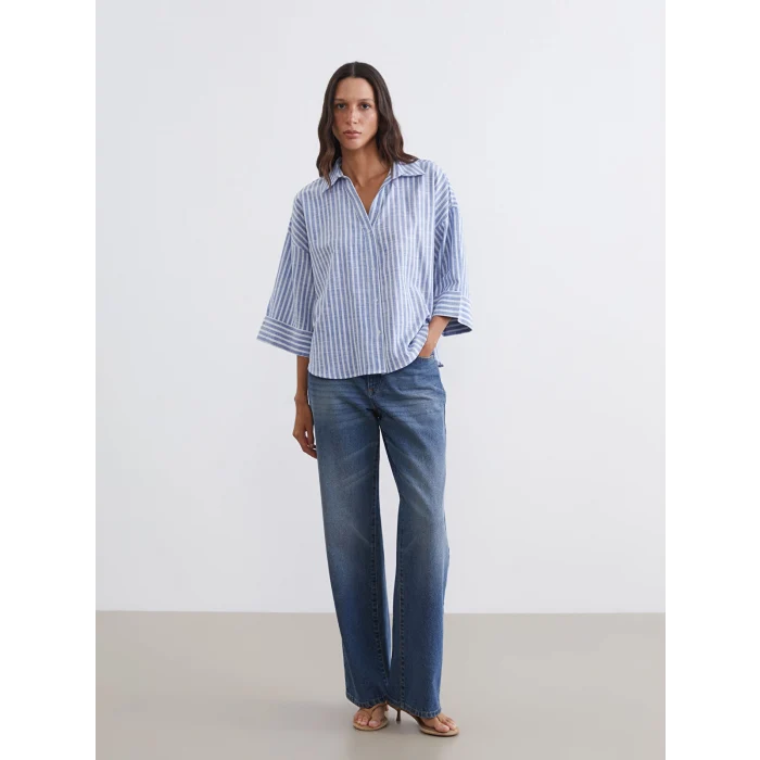 LCW Vision Mavi Çizgili Oversize Poplin Kadın Gömlek