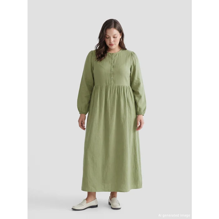 LCW Modest Yeşil Bisiklet Yaka Balon Kollu Müslin Elbise