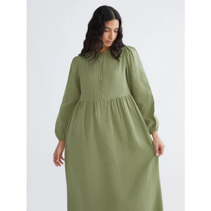 LCW Modest Yeşil Bisiklet Yaka Balon Kollu Müslin Elbise