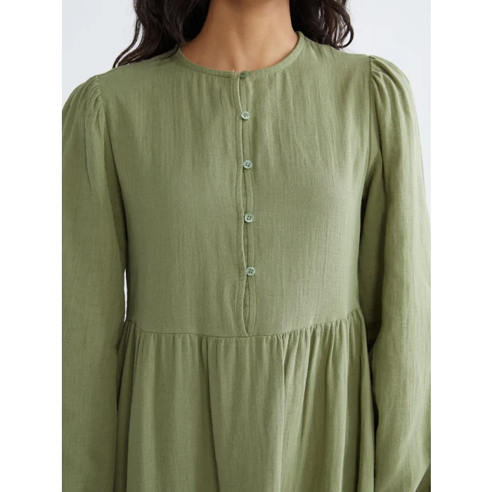 LCW Modest Yeşil Bisiklet Yaka Balon Kollu Müslin Elbise