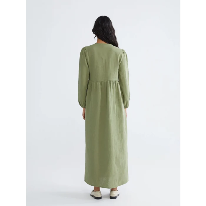 LCW Modest Yeşil Bisiklet Yaka Balon Kollu Müslin Elbise