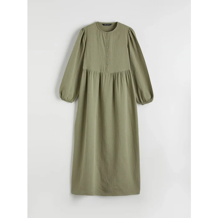 LCW Modest Yeşil Bisiklet Yaka Balon Kollu Müslin Elbise