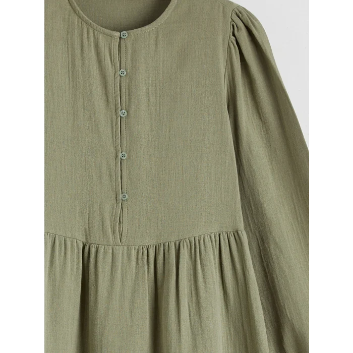 LCW Modest Yeşil Bisiklet Yaka Balon Kollu Müslin Elbise