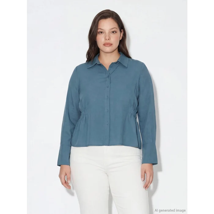 LCWAIKIKI Classic Petrol Beli Büzgülü Kadın Gömlek