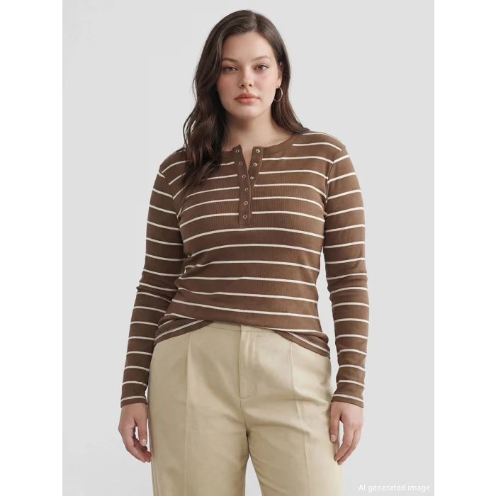 LCWAIKIKI Classic Kahverengi Bisiklet Yaka Çizgili Kadın Body