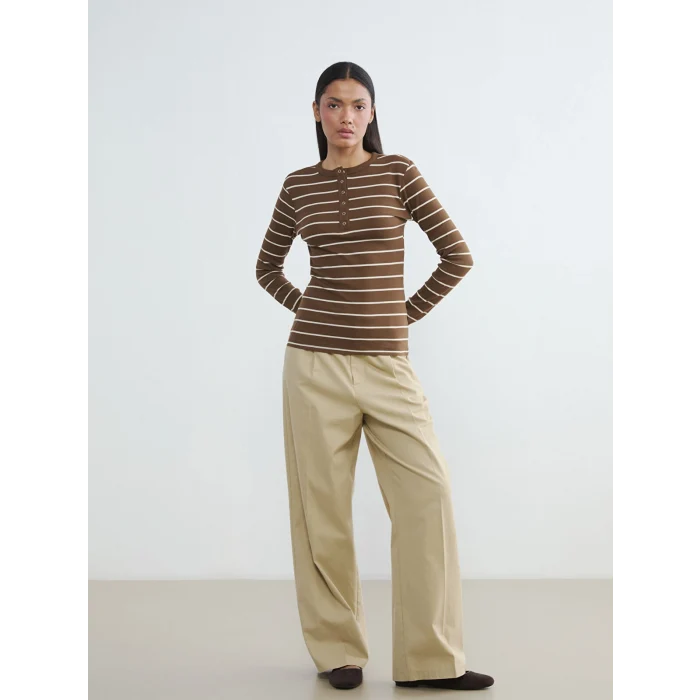 LCWAIKIKI Classic Kahverengi Bisiklet Yaka Çizgili Kadın Body