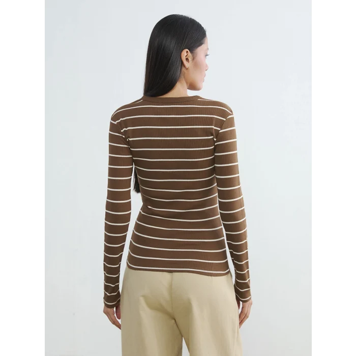 LCWAIKIKI Classic Kahverengi Bisiklet Yaka Çizgili Kadın Body