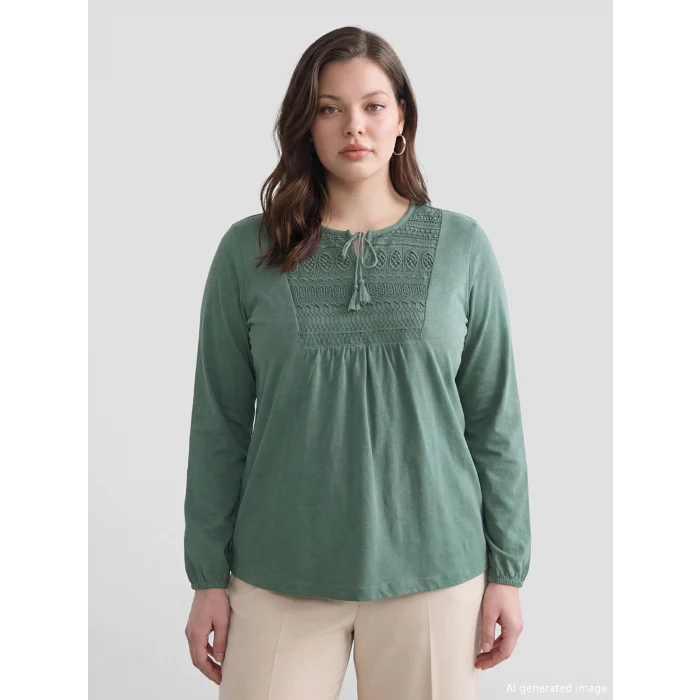 LCW Grace Yeşil Bağlamalı Yaka Nakışlı Bluz