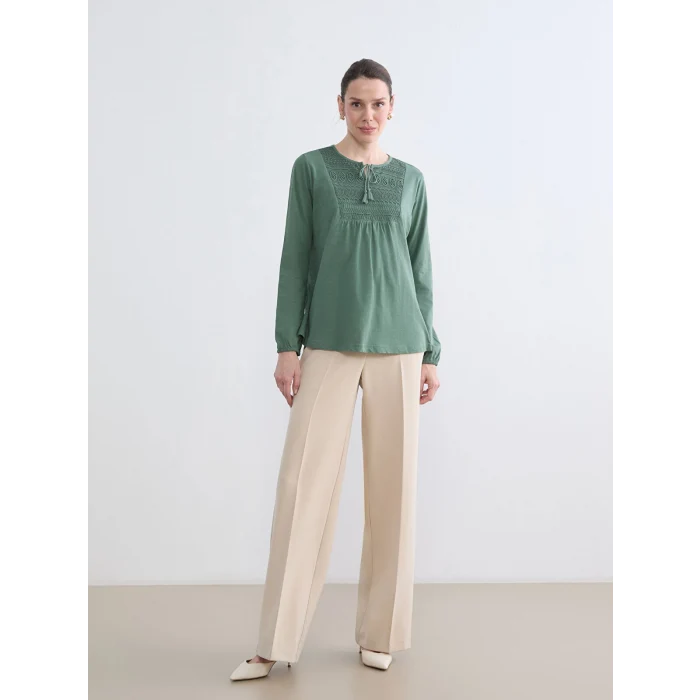 LCW Grace Yeşil Bağlamalı Yaka Nakışlı Bluz