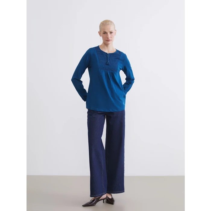 LCW Grace Petrol Bağlamalı Yaka Nakışlı Bluz