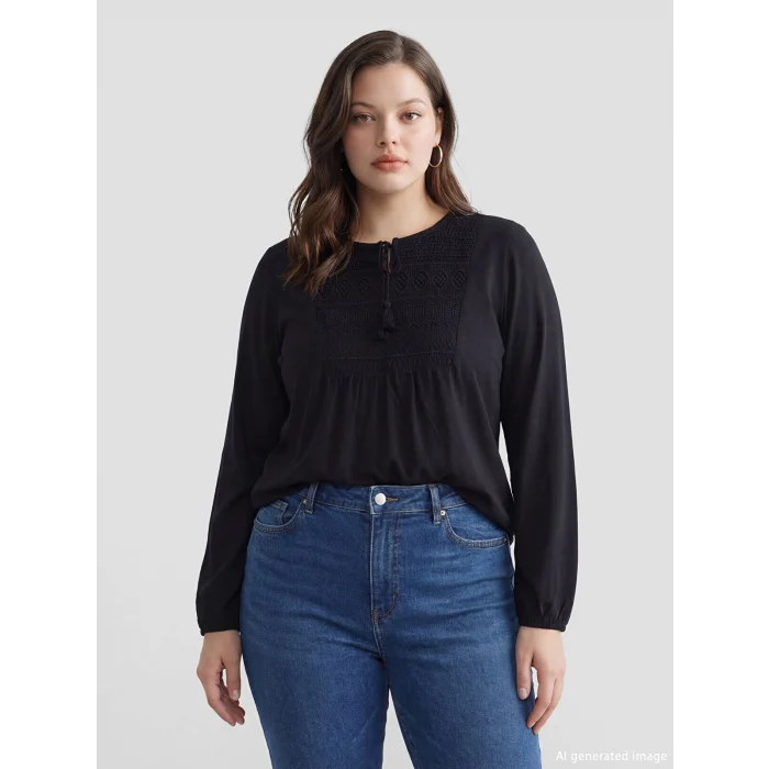 LCW Grace Siyah Bağlamalı Yaka Nakışlı Bluz