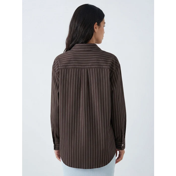 XSIDE Kahverengi Çizgili Oversize Kadın Gömlek