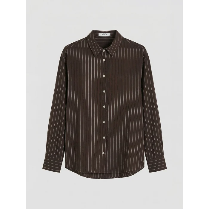 XSIDE Kahverengi Çizgili Oversize Kadın Gömlek